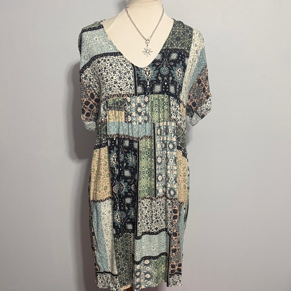 Ces Femme Patchwork Print V-Neck Dress in Blue, Green, Cream